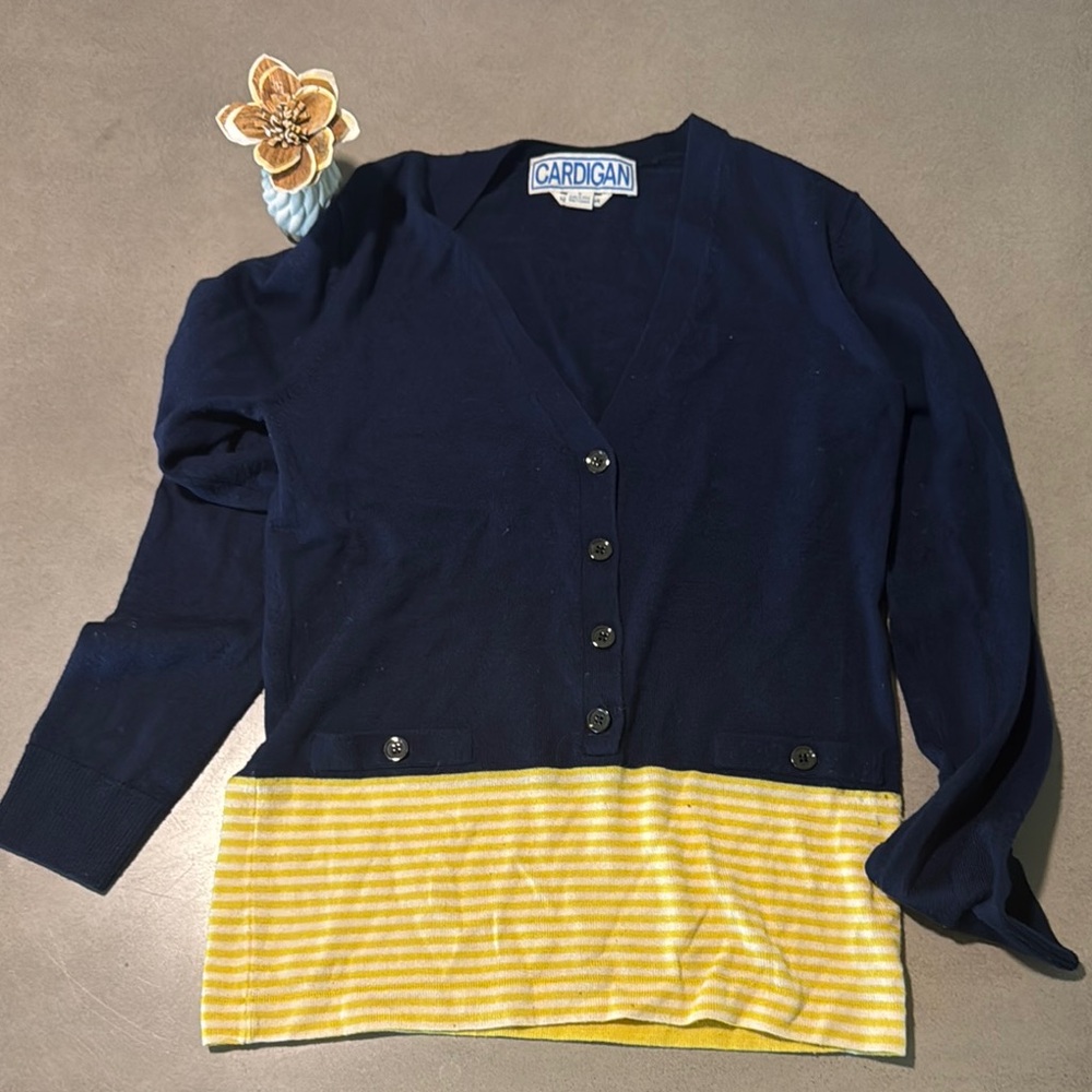 Anthropologie Cardigan Navy and Yellow Striped Sweater